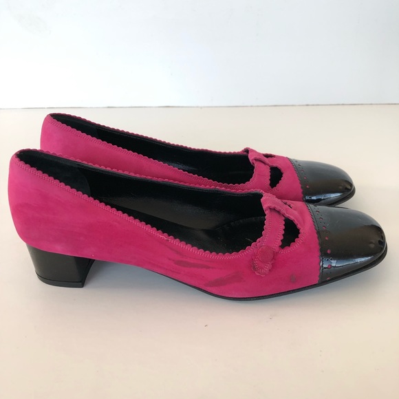 ♦️SOLD♦️SALVATORE FERRAGAMO Pink Suede Black Patent Leather Cap Toe Flat Loafer - Picture 4 of 14